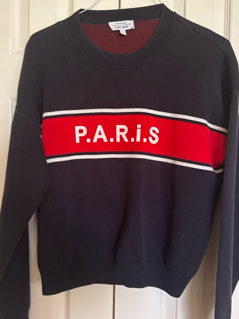 & Other Stories Navy Crewneck Sweater with Red P.A.R.I.S. Band